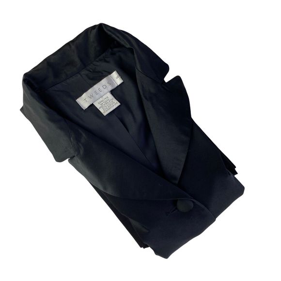 Vtg Tweeds Black Satin 5 Button Slit Long Sleeve Shoulder Pads Blazer Jacket 6 - Picture 11 of 14